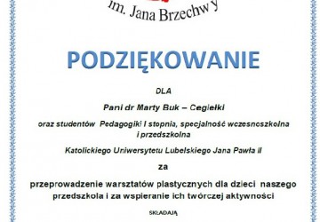 Powiększ obraz: Serdeczne podziękowania dla Pani dr Marty Buk- Cegiełki, pracownika naukowego Katolickiego Uniwersytetu Lubelskiego